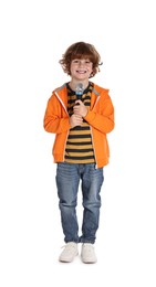 Photo of Little boy with microphone on white background