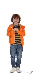 Little boy with microphone and headphones on white background