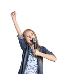 Photo of Little girl with microphone singing on white background