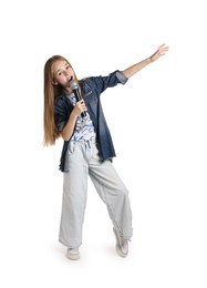 Photo of Little girl with microphone singing on white background