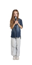 Photo of Little girl with microphone singing on white background