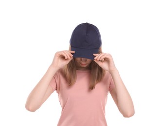 Photo of Woman in stylish baseball cap on white background. Mockup for design