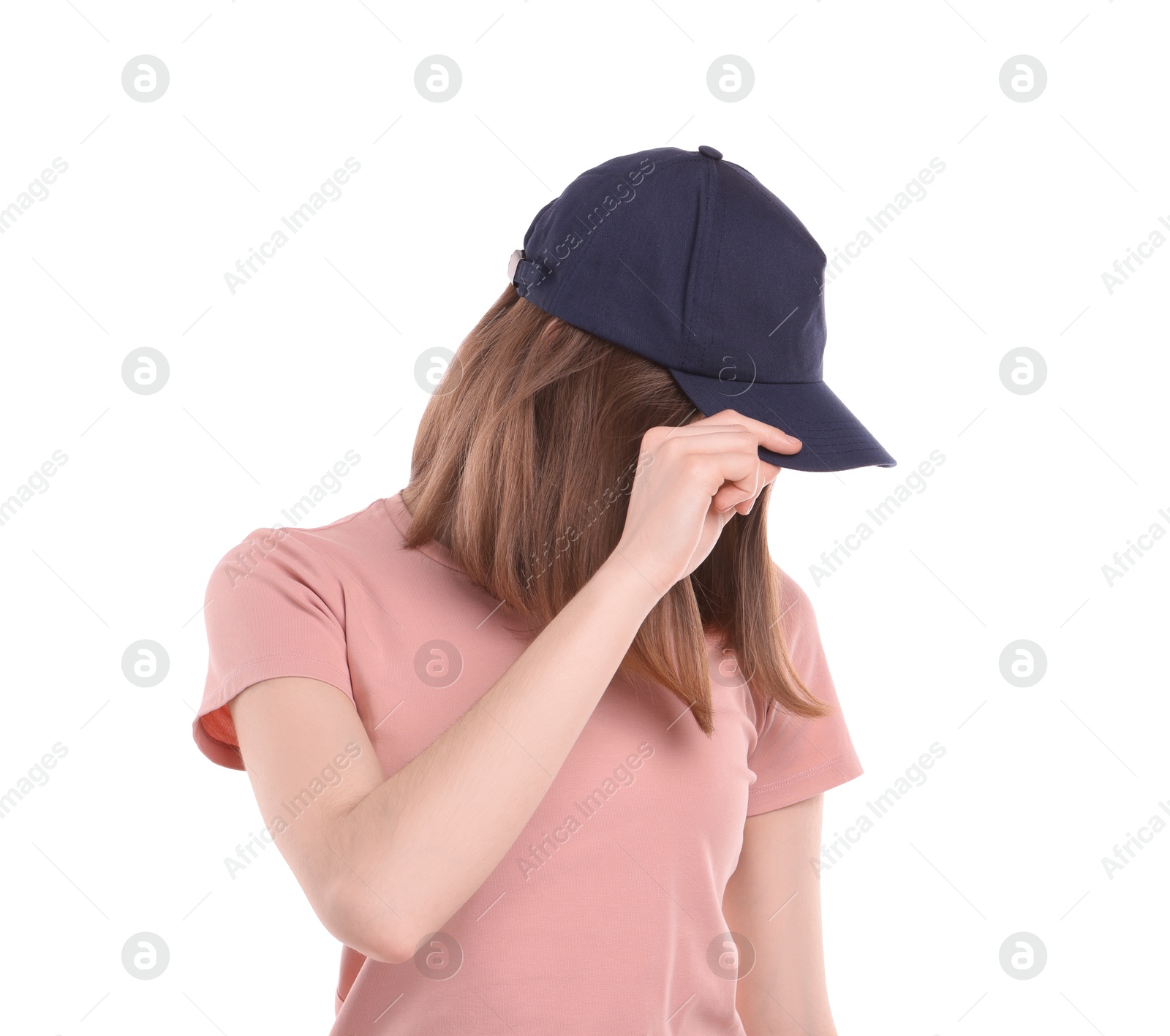 Photo of Woman in stylish baseball cap on white background. Mockup for design