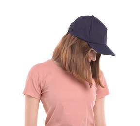 Photo of Woman in stylish baseball cap on white background. Mockup for design