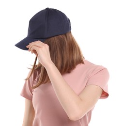 Woman in stylish baseball cap on white background. Mockup for design