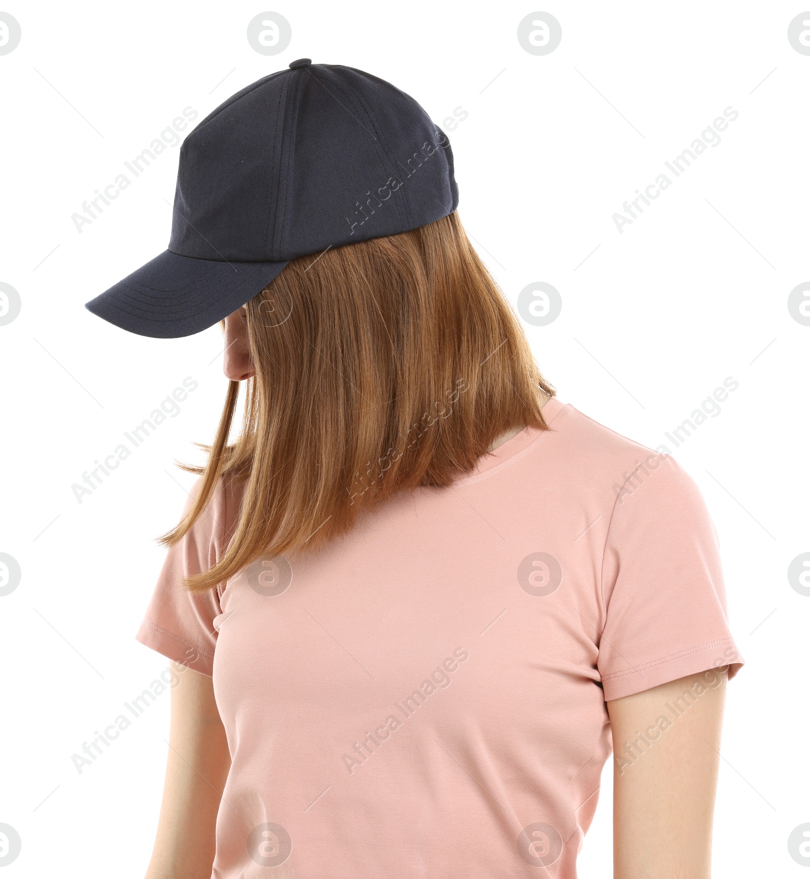 Photo of Woman in stylish baseball cap on white background. Mockup for design