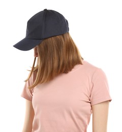 Photo of Woman in stylish baseball cap on white background. Mockup for design