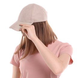 Photo of Woman in stylish baseball cap on white background. Mockup for design