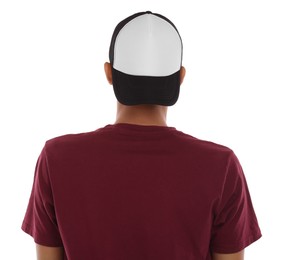 Photo of Man in stylish baseball cap on white background, back view. Mockup for design