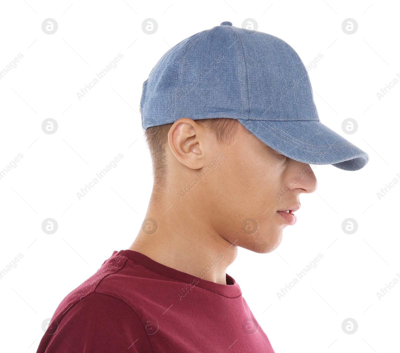 Photo of Man in stylish baseball cap on white background. Mockup for design