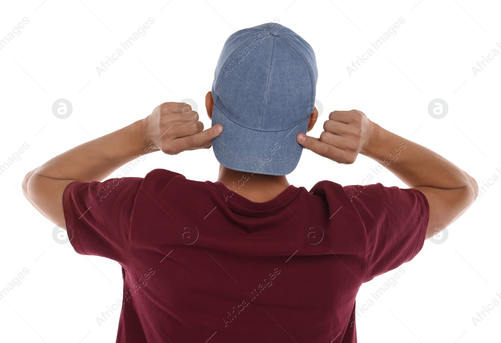 Photo of Man in stylish baseball cap on white background, back view. Mockup for design