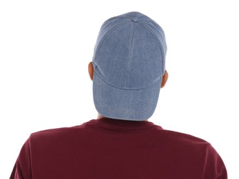 Photo of Man in stylish baseball cap on white background, back view. Mockup for design