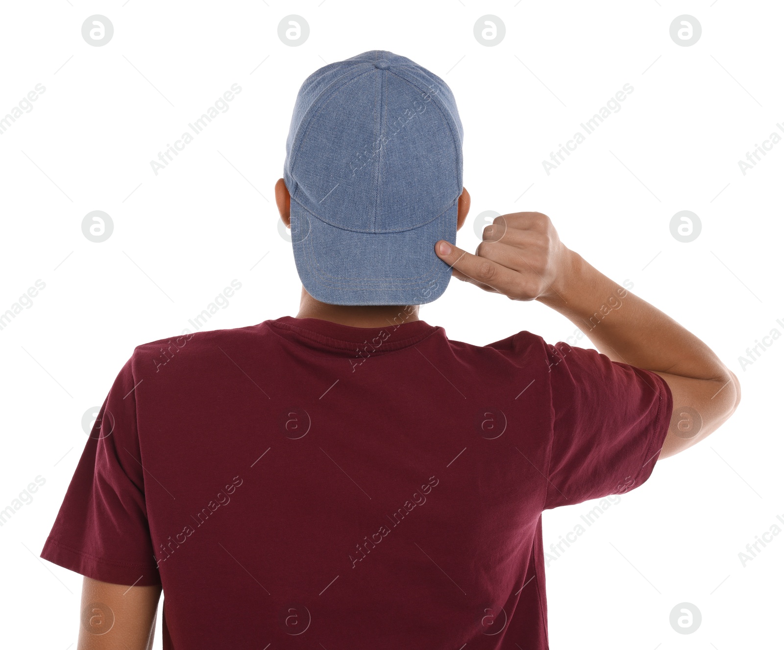 Photo of Man in stylish baseball cap on white background, back view. Mockup for design