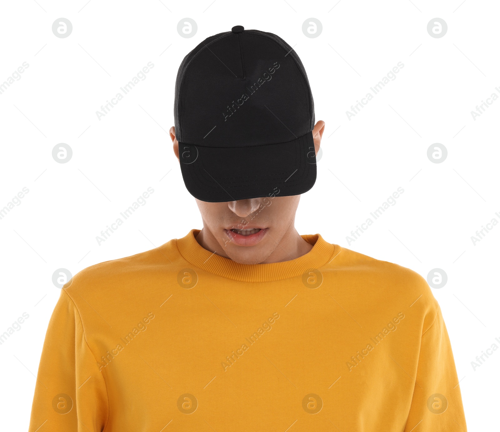 Photo of Man in stylish baseball cap on white background. Mockup for design