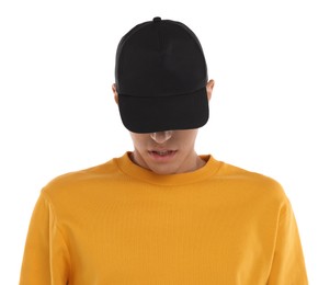 Photo of Man in stylish baseball cap on white background. Mockup for design