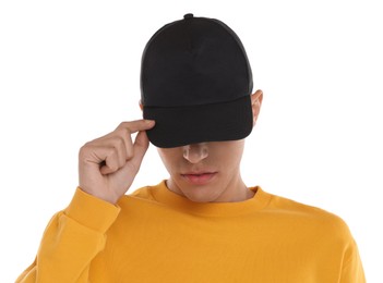 Photo of Man in stylish baseball cap on white background. Mockup for design