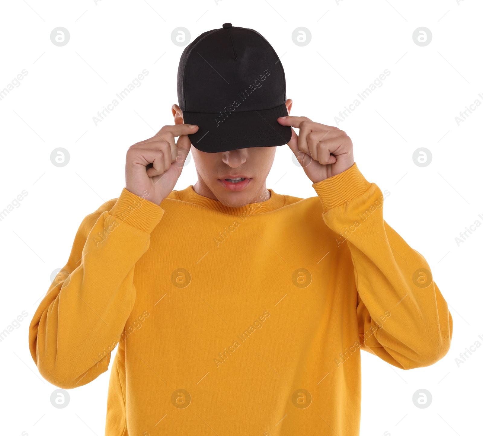 Photo of Man in stylish baseball cap on white background. Mockup for design