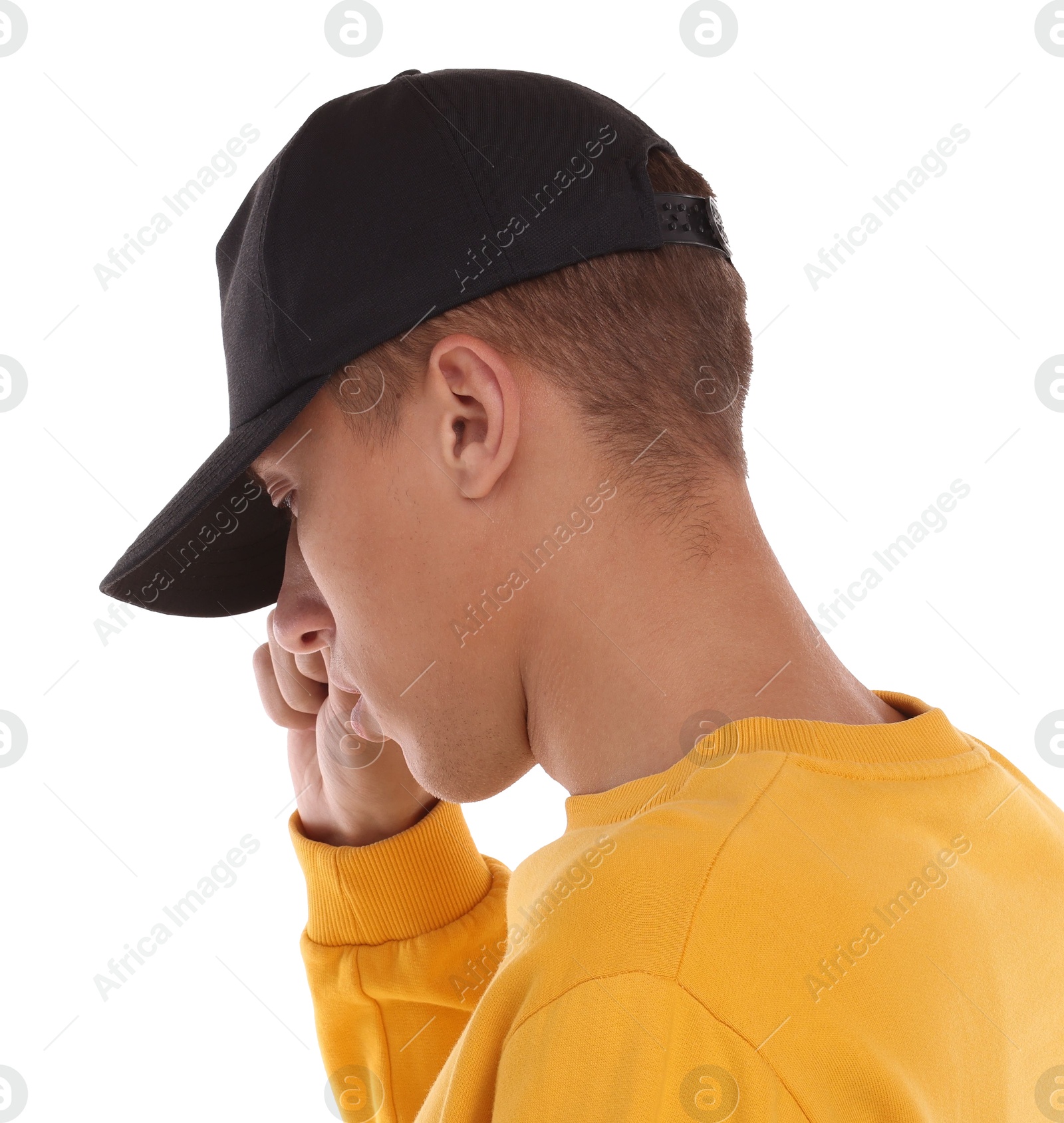 Photo of Man in stylish baseball cap on white background. Mockup for design