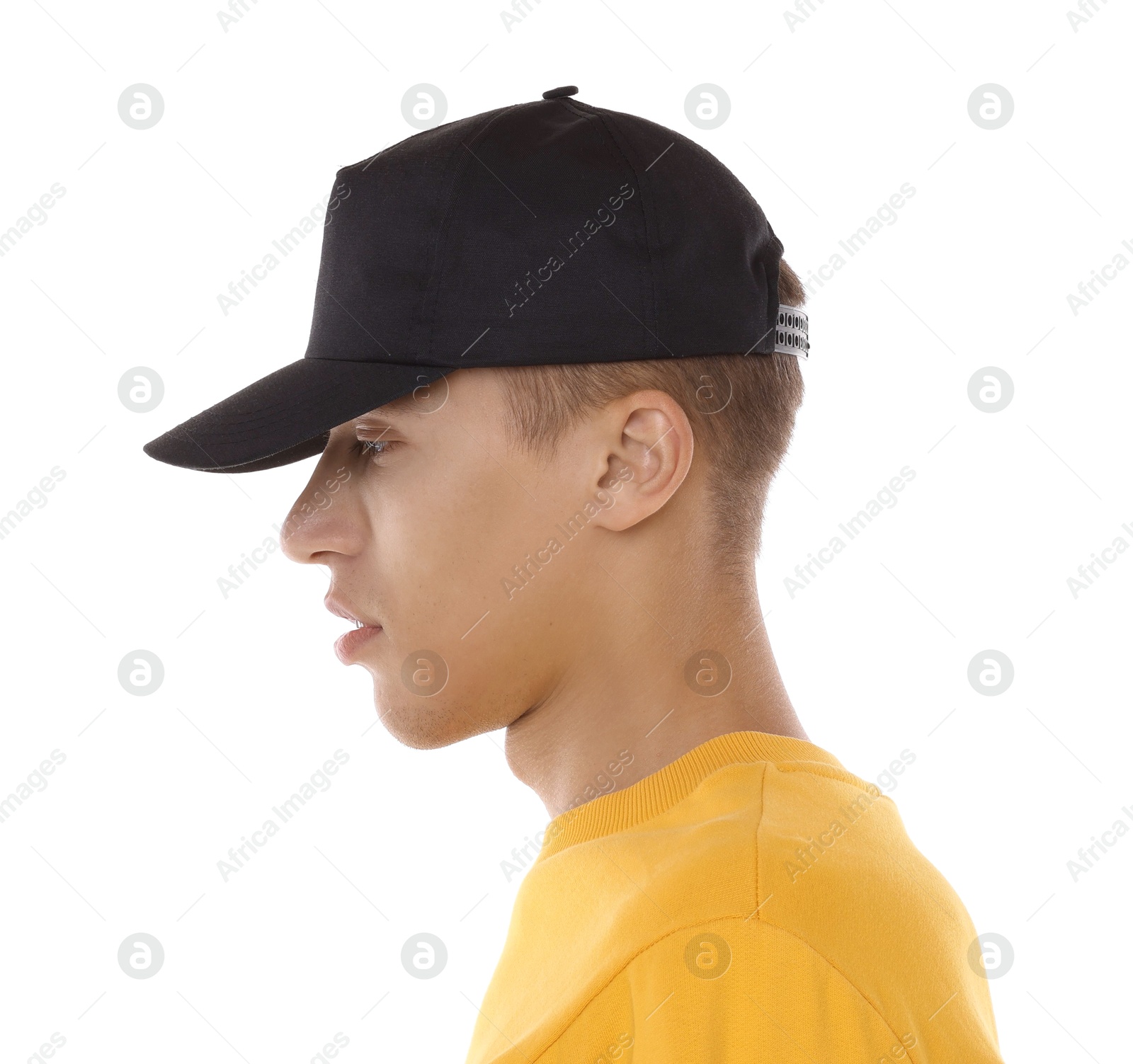 Photo of Man in stylish baseball cap on white background. Mockup for design