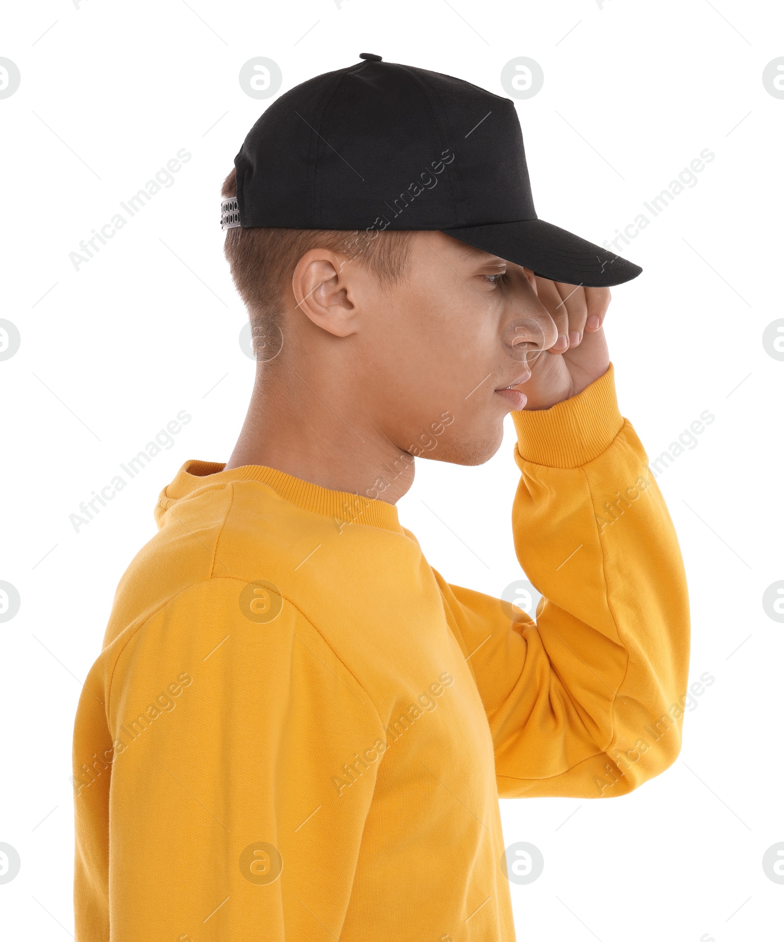 Photo of Man in stylish baseball cap on white background. Mockup for design