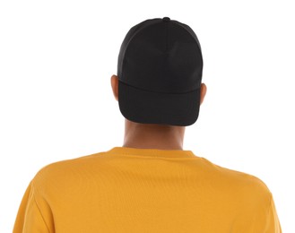 Photo of Man in stylish baseball cap on white background, back view. Mockup for design