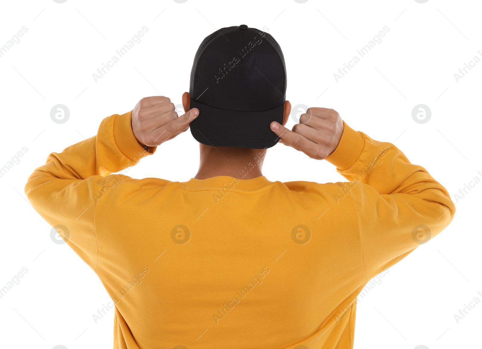 Photo of Man in stylish baseball cap on white background, back view. Mockup for design