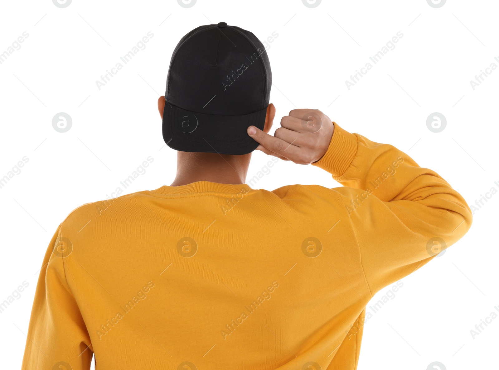 Photo of Man in stylish baseball cap on white background, back view. Mockup for design