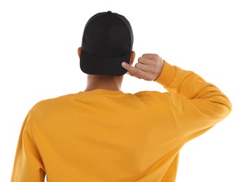 Man in stylish baseball cap on white background, back view. Mockup for design