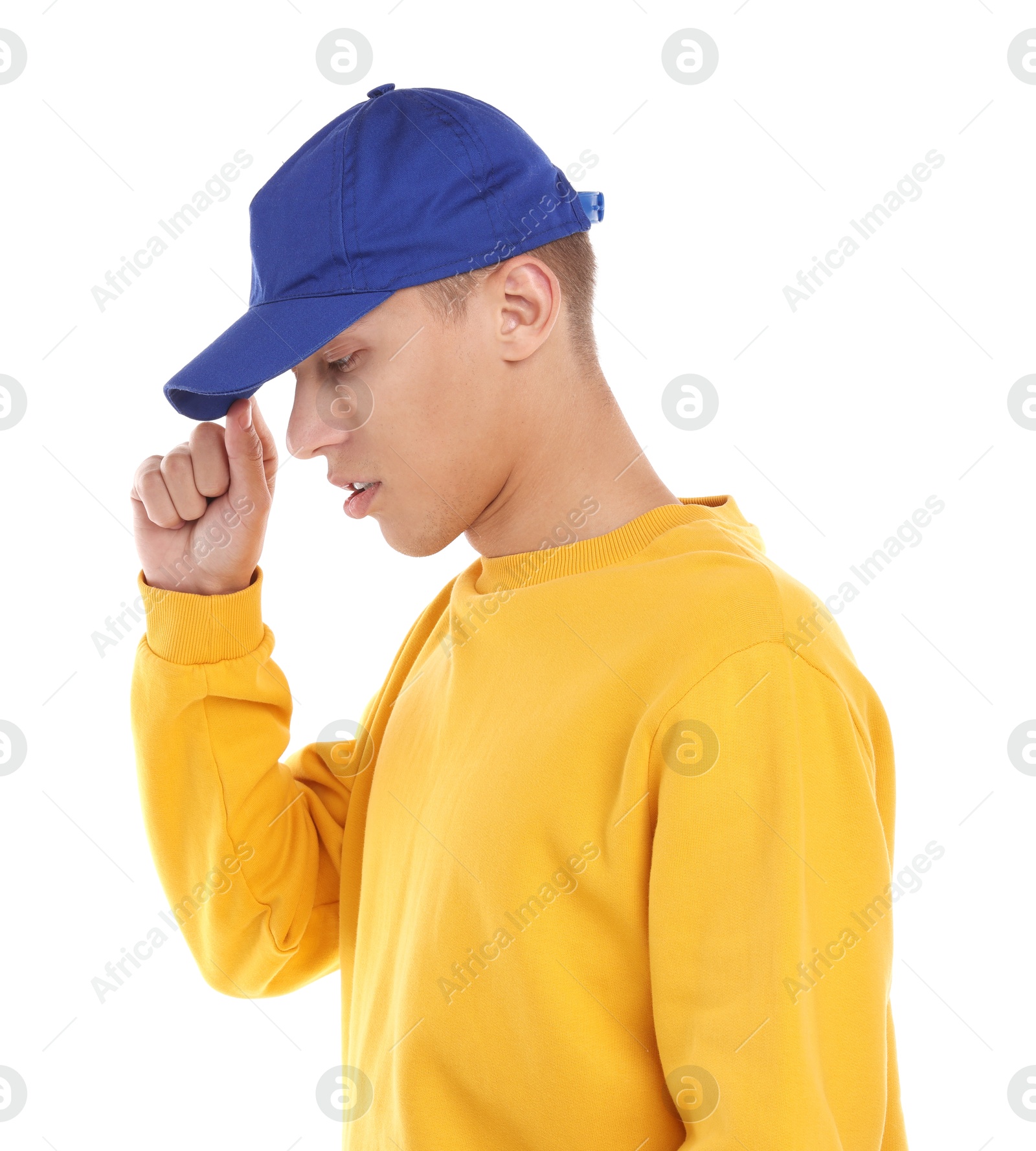 Photo of Man in stylish baseball cap on white background. Mockup for design