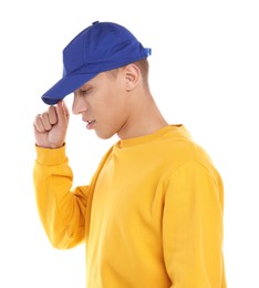 Photo of Man in stylish baseball cap on white background. Mockup for design