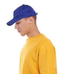 Photo of Man in stylish baseball cap on white background. Mockup for design