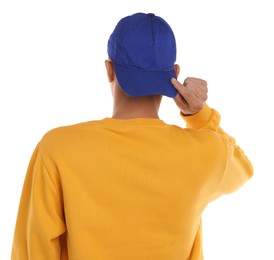 Photo of Man in stylish baseball cap on white background, back view. Mockup for design