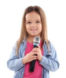 Photo of Smiling girl with microphone on white background