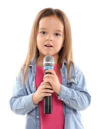 Photo of Cute girl with microphone singing on white background