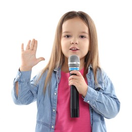 Photo of Cute girl with microphone singing on white background