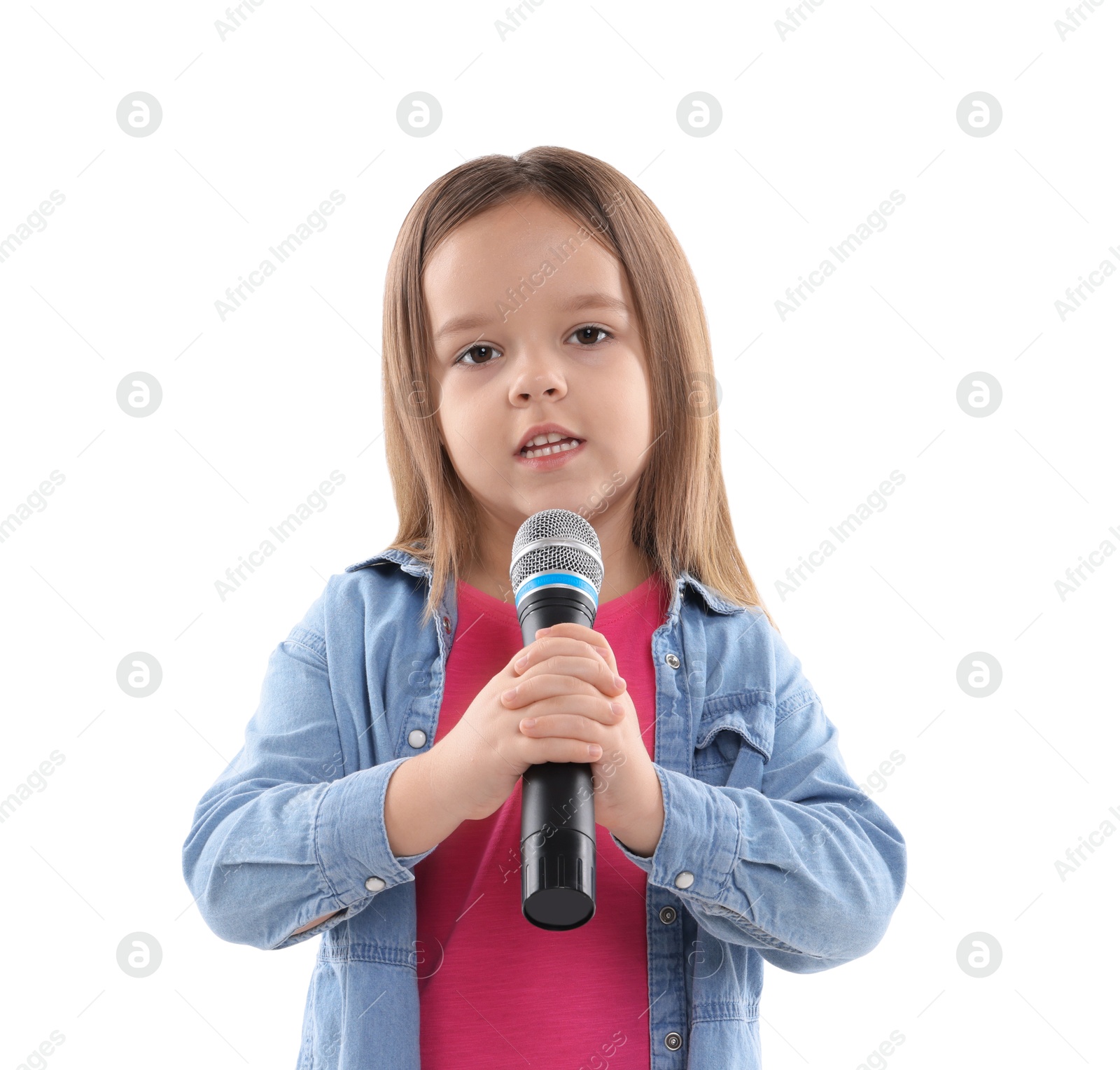 Photo of Cute girl with microphone singing on white background