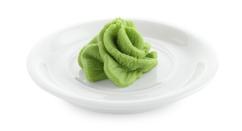 Photo of Plate with hot wasabi paste isolated on white