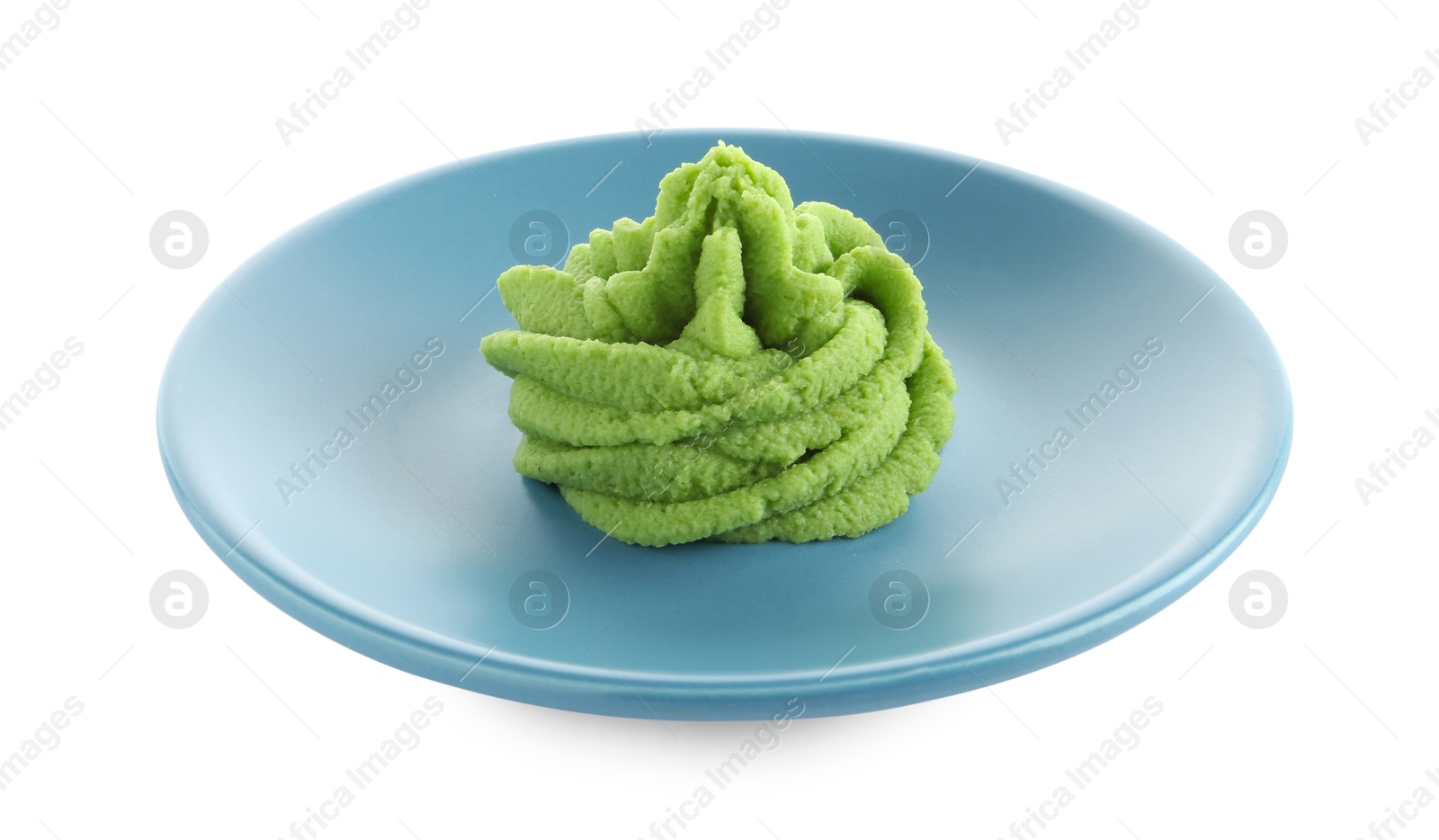 Photo of Plate with hot wasabi paste isolated on white