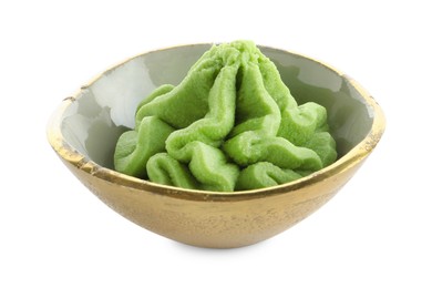 Photo of Hot wasabi paste in bowl isolated on white