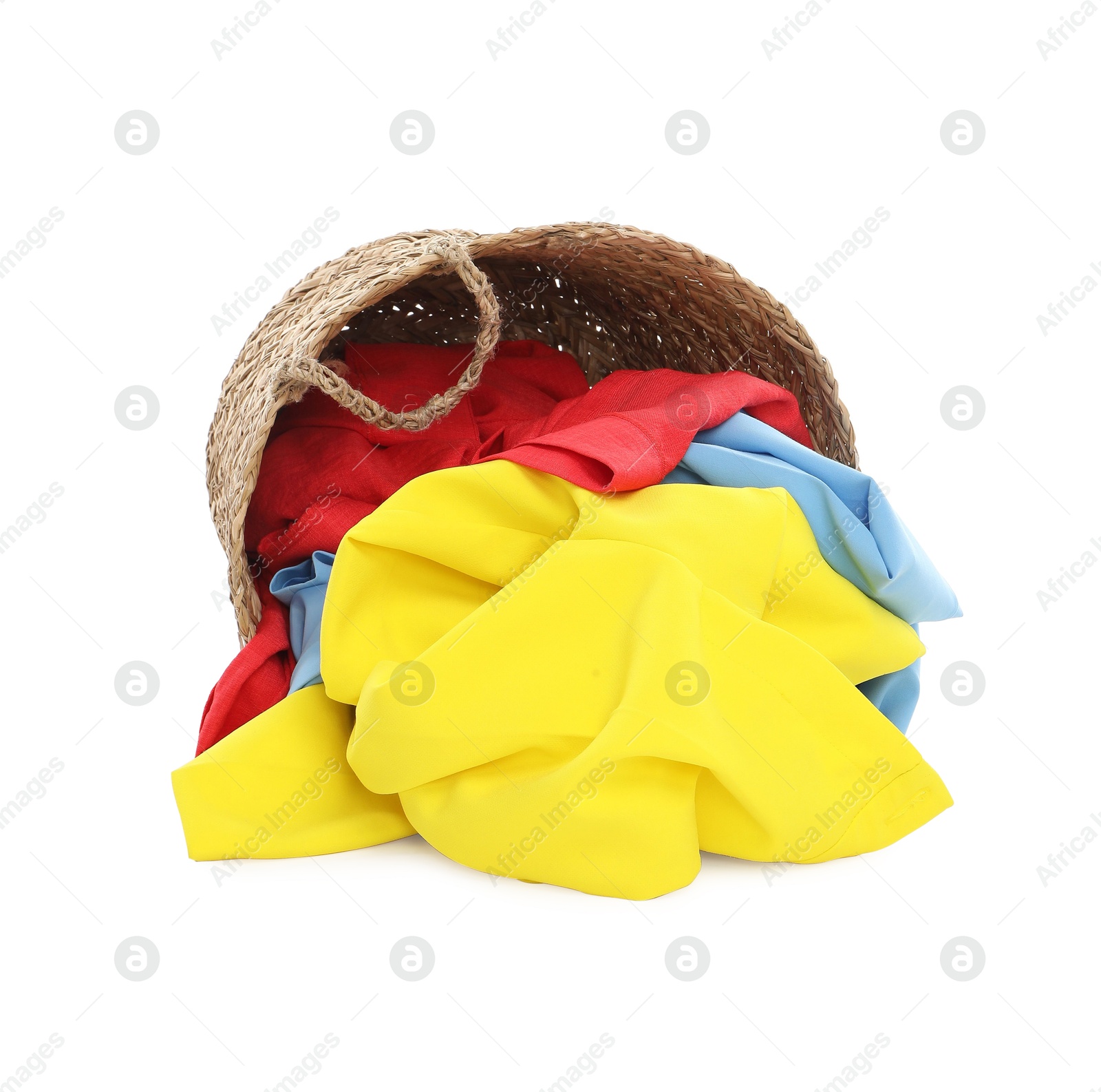 Photo of Laundry basket with colorful clothes isolated on white