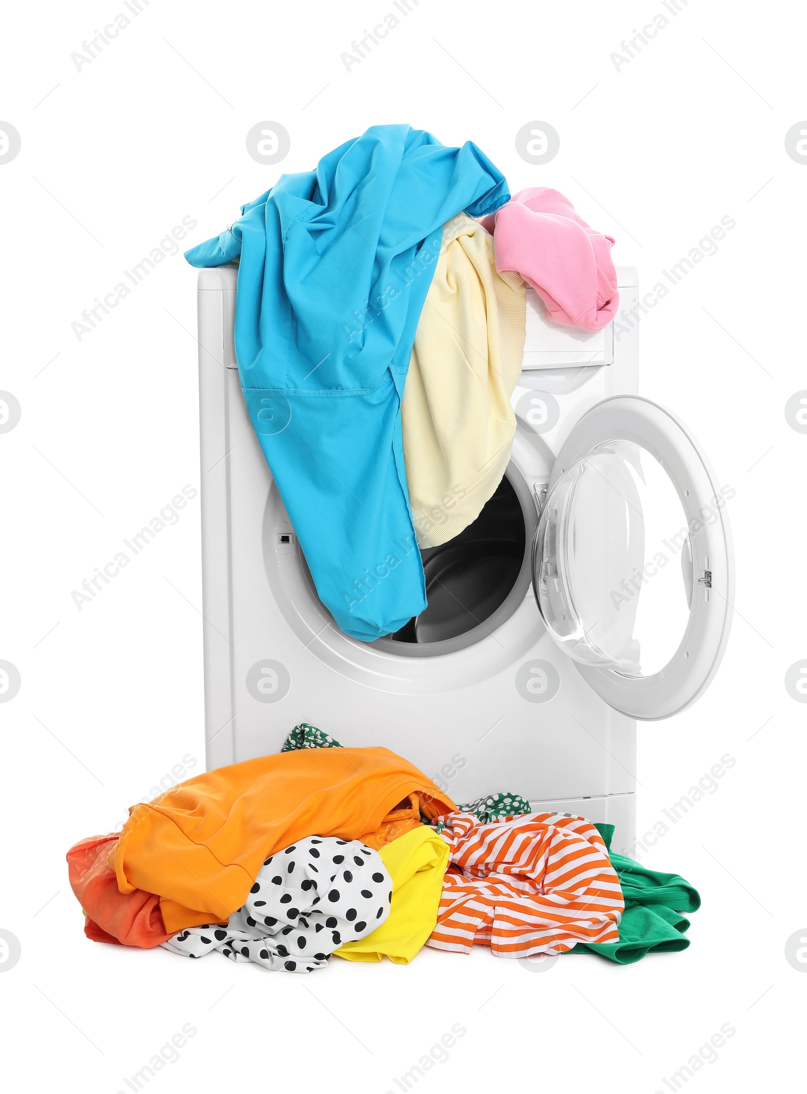 Photo of Washing machine with colorful clothes isolated on white