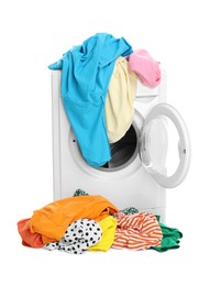 Photo of Washing machine with colorful clothes isolated on white