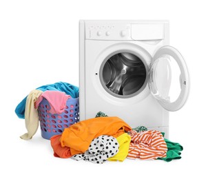 Photo of Washing machine and laundry basket with colorful clothes isolated on white