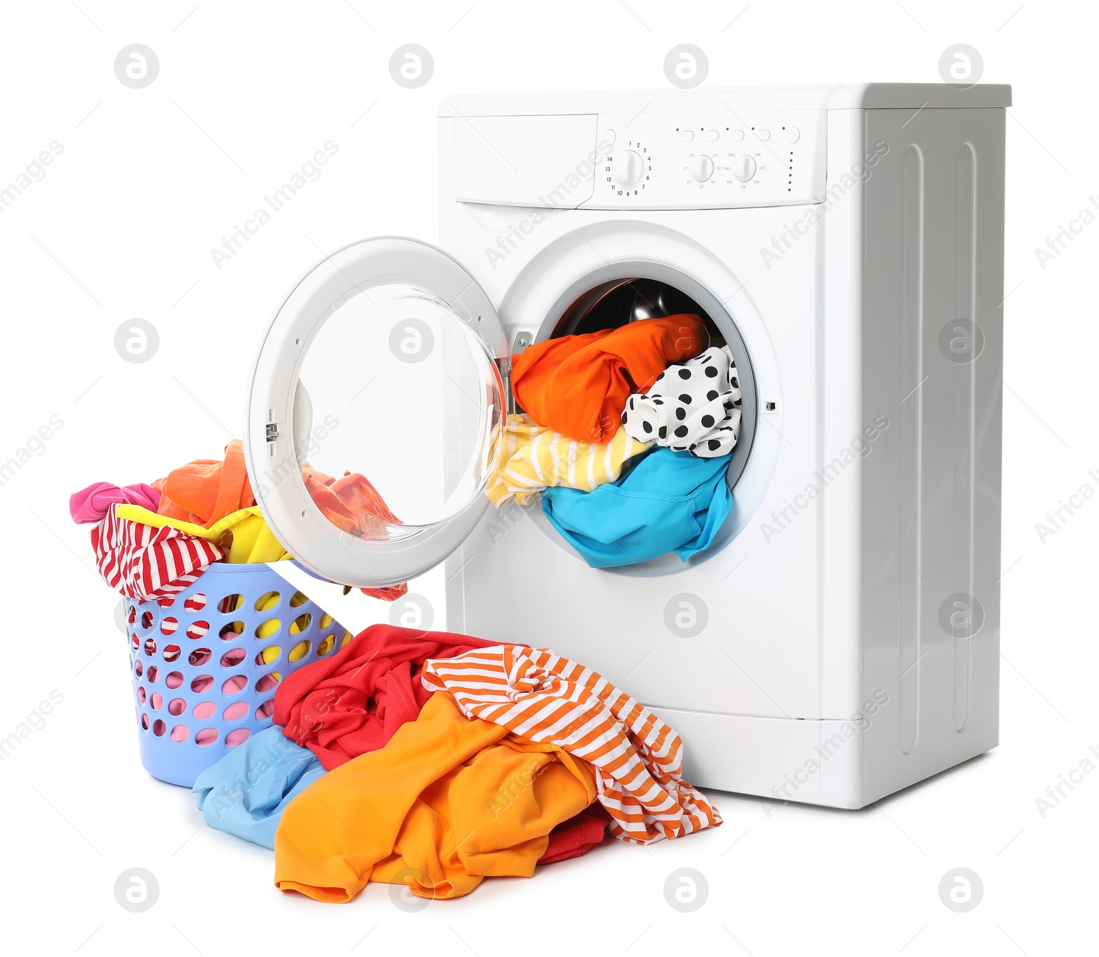 Photo of Washing machine and laundry basket with colorful clothes isolated on white