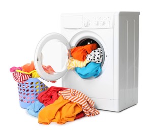 Photo of Washing machine and laundry basket with colorful clothes isolated on white