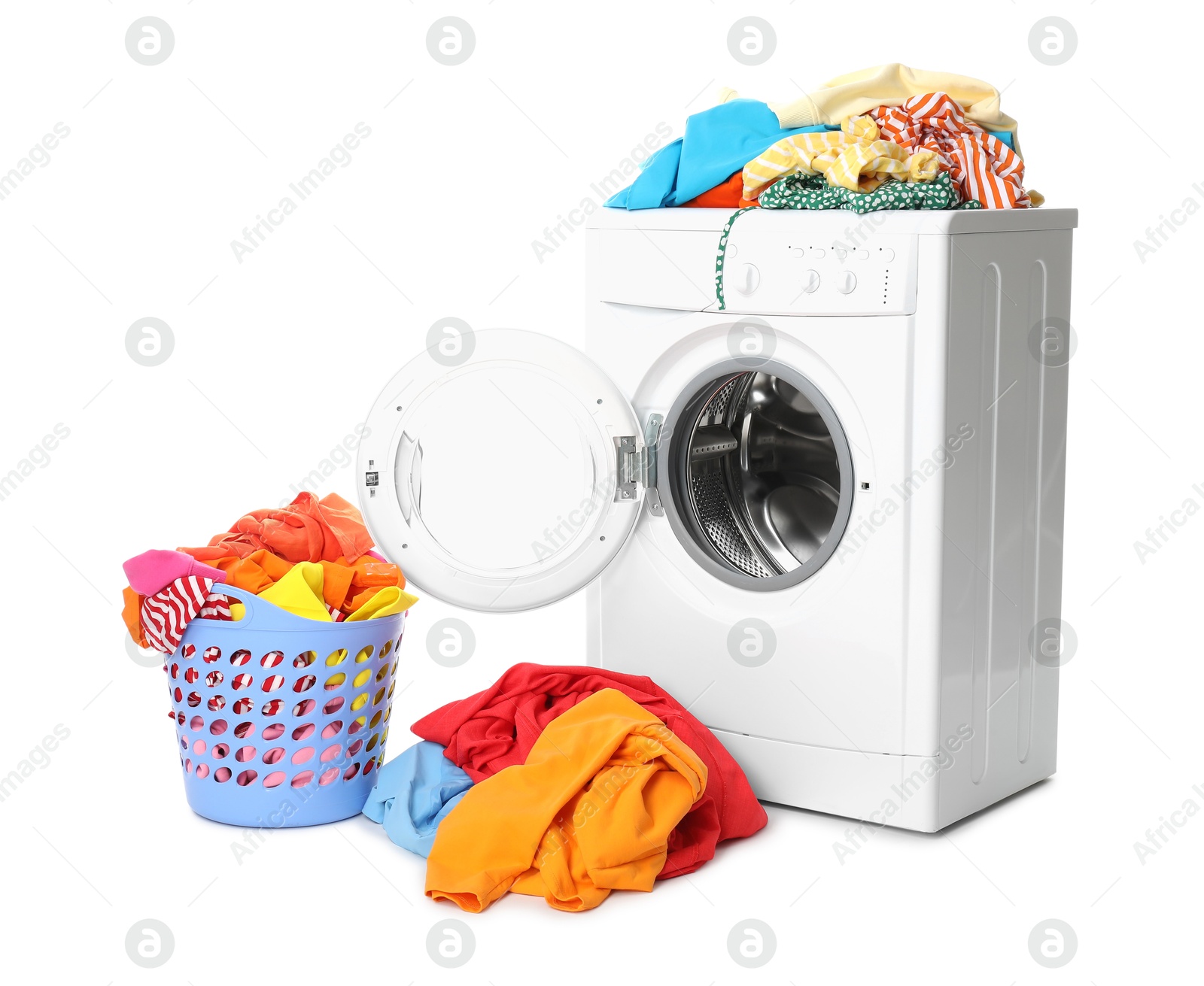 Photo of Washing machine and laundry basket with colorful clothes isolated on white