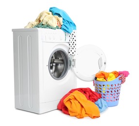 Photo of Washing machine and laundry basket with colorful clothes isolated on white