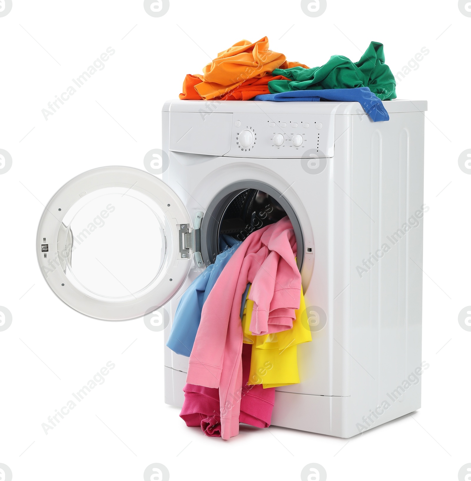 Photo of Modern washing machine with colorful laundry isolated on white