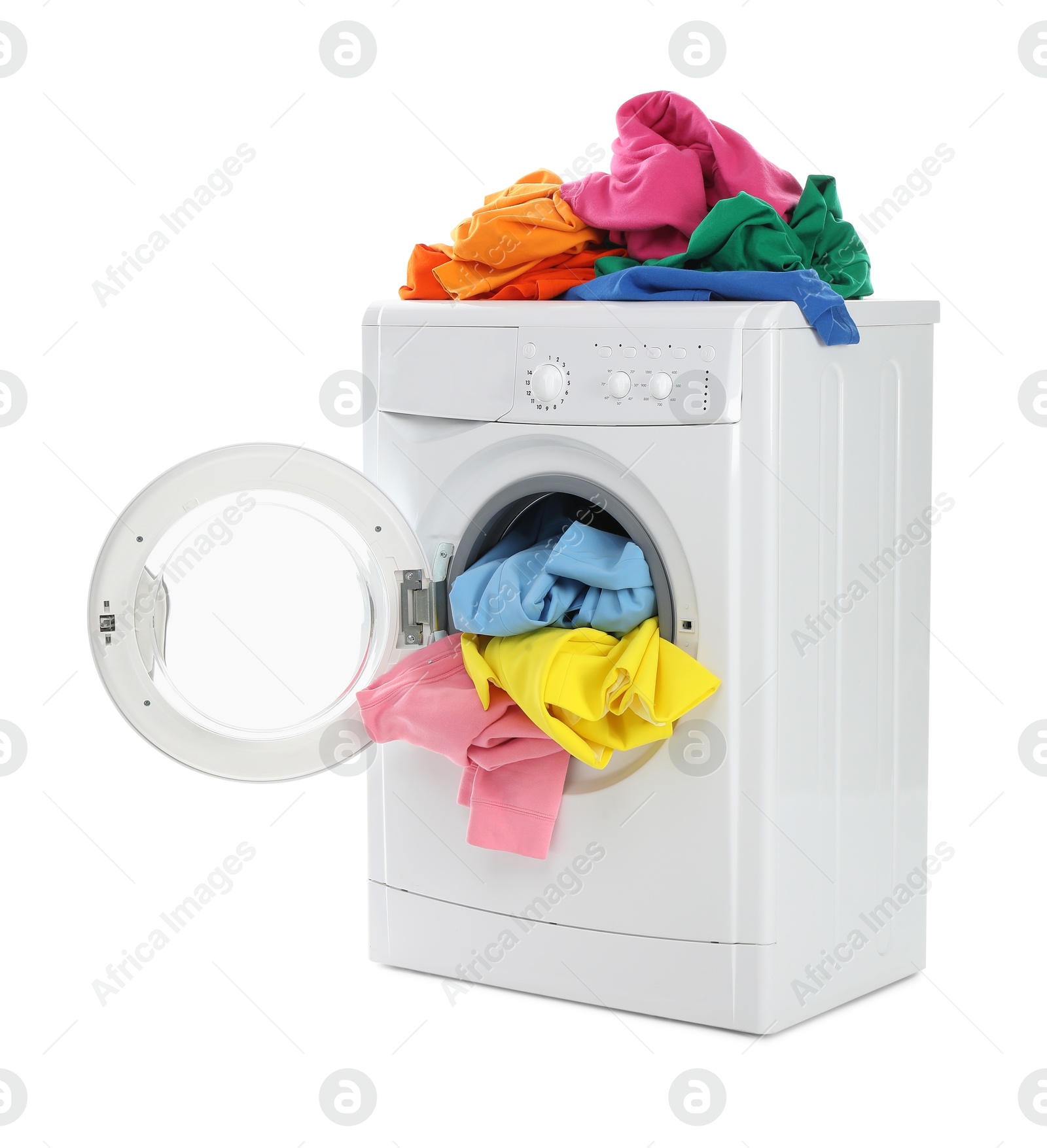 Photo of Modern washing machine with colorful laundry isolated on white