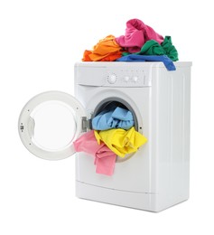 Photo of Modern washing machine with colorful laundry isolated on white